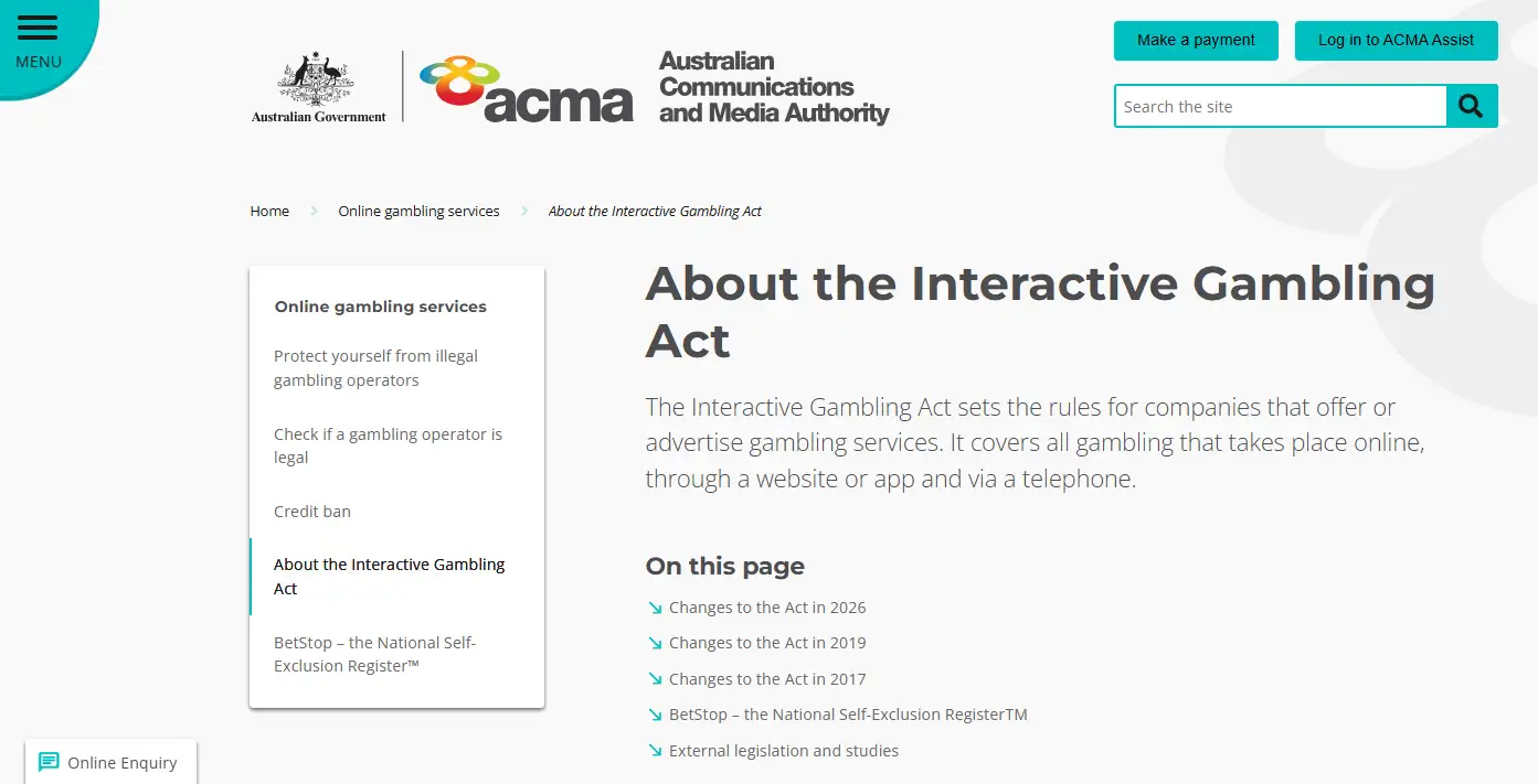 ACMA page explaining prohibited interactive gambling services